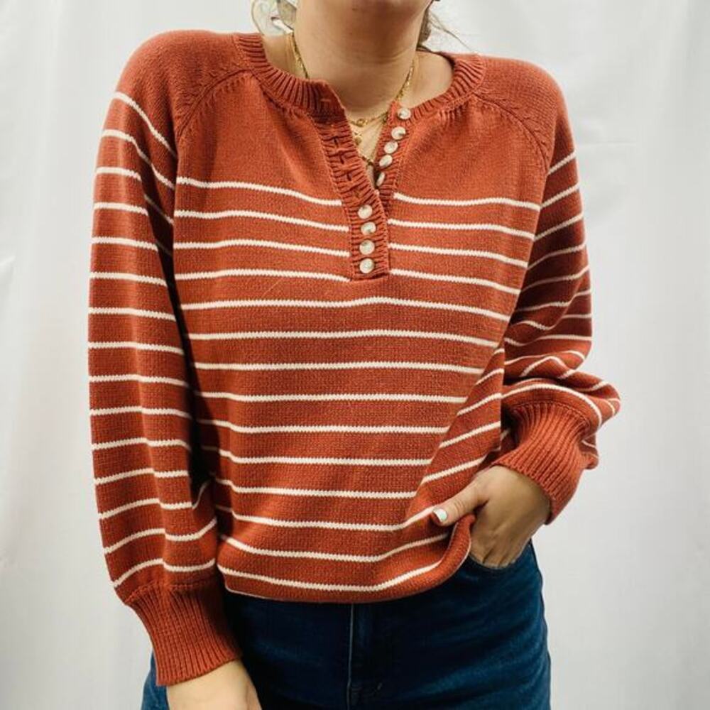 Rust‎ orange striped henley sweater